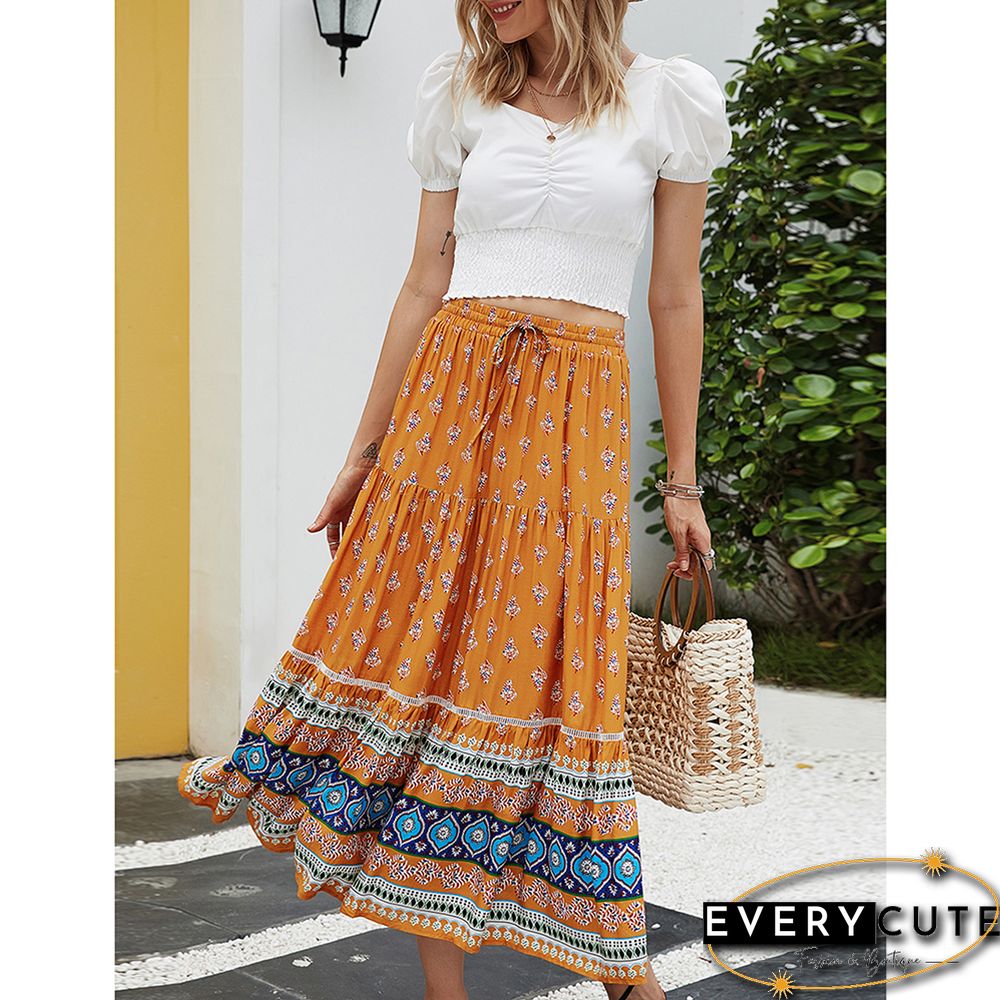 Yellow Floral Print Elastic Waist Pocket Midi Skirt