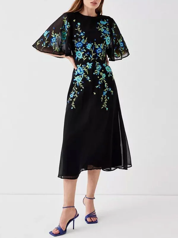 Floral Embroidery Women's Mid-Length Dress