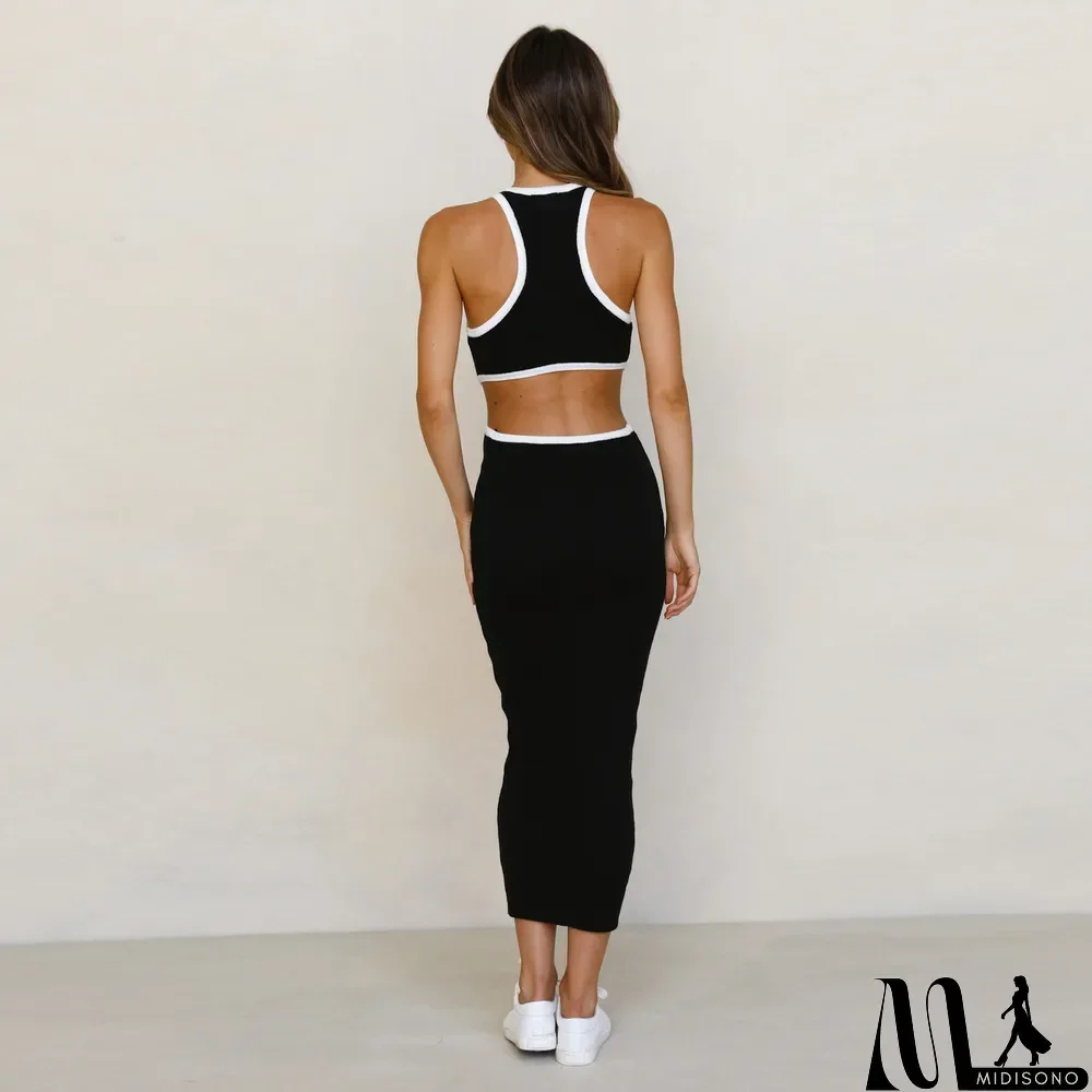 MidiSono - Fashionable round neck pullover tight hollow open back sexy racer dress bodycon midi skirt