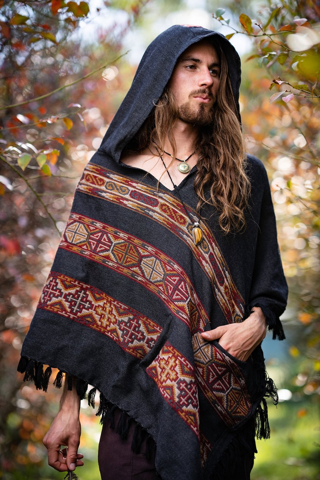 Men's Hooded Yak Wool Poncho Dark Grey Pockets Tribal Embroidery Celtic Gypsy Alternative Festival Rave Mexican Primitive Large Hood
