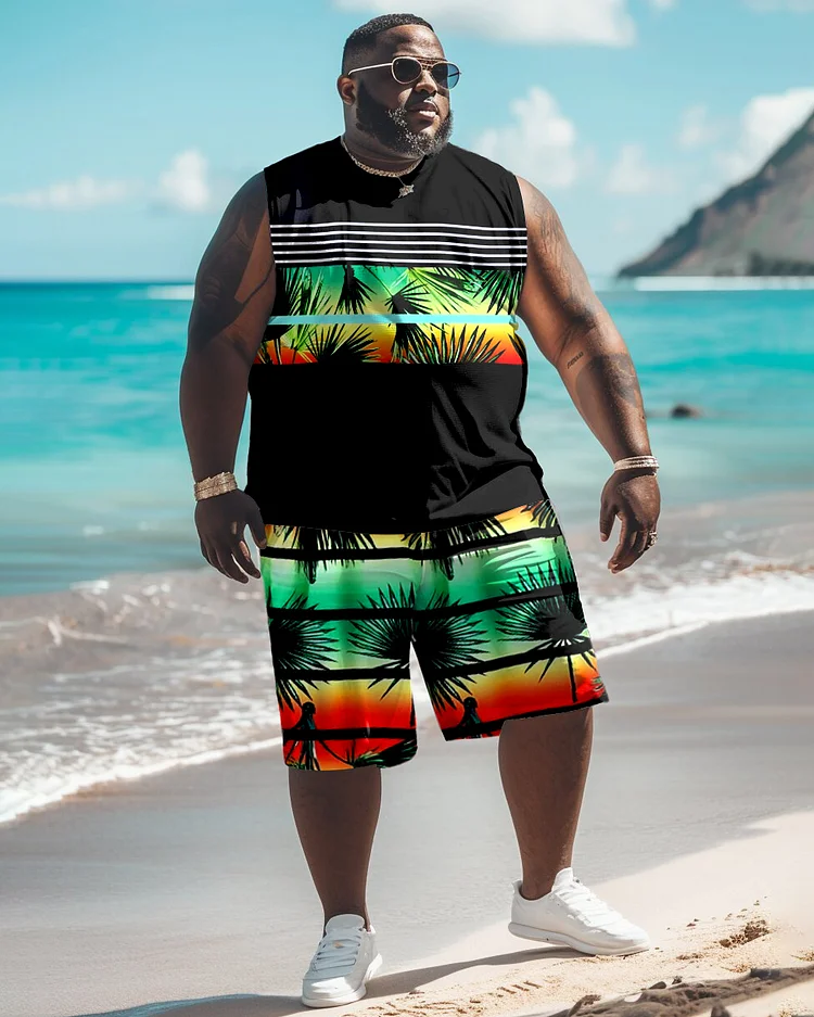 Men's Plus Size Hawaiian Color Contrast Gradient Floral Print Tank Shorts Suit