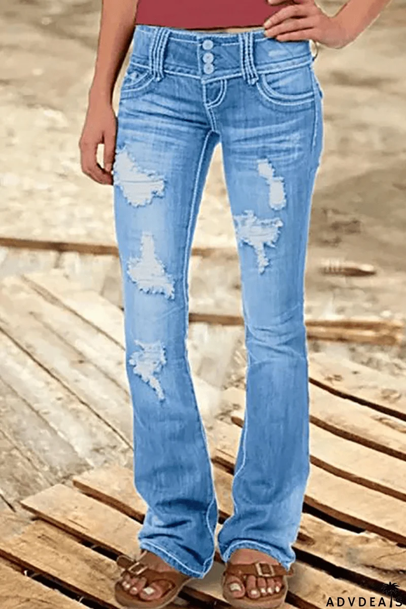Street Patchwork Ripped High Waist Boot Cut Denim Jeans