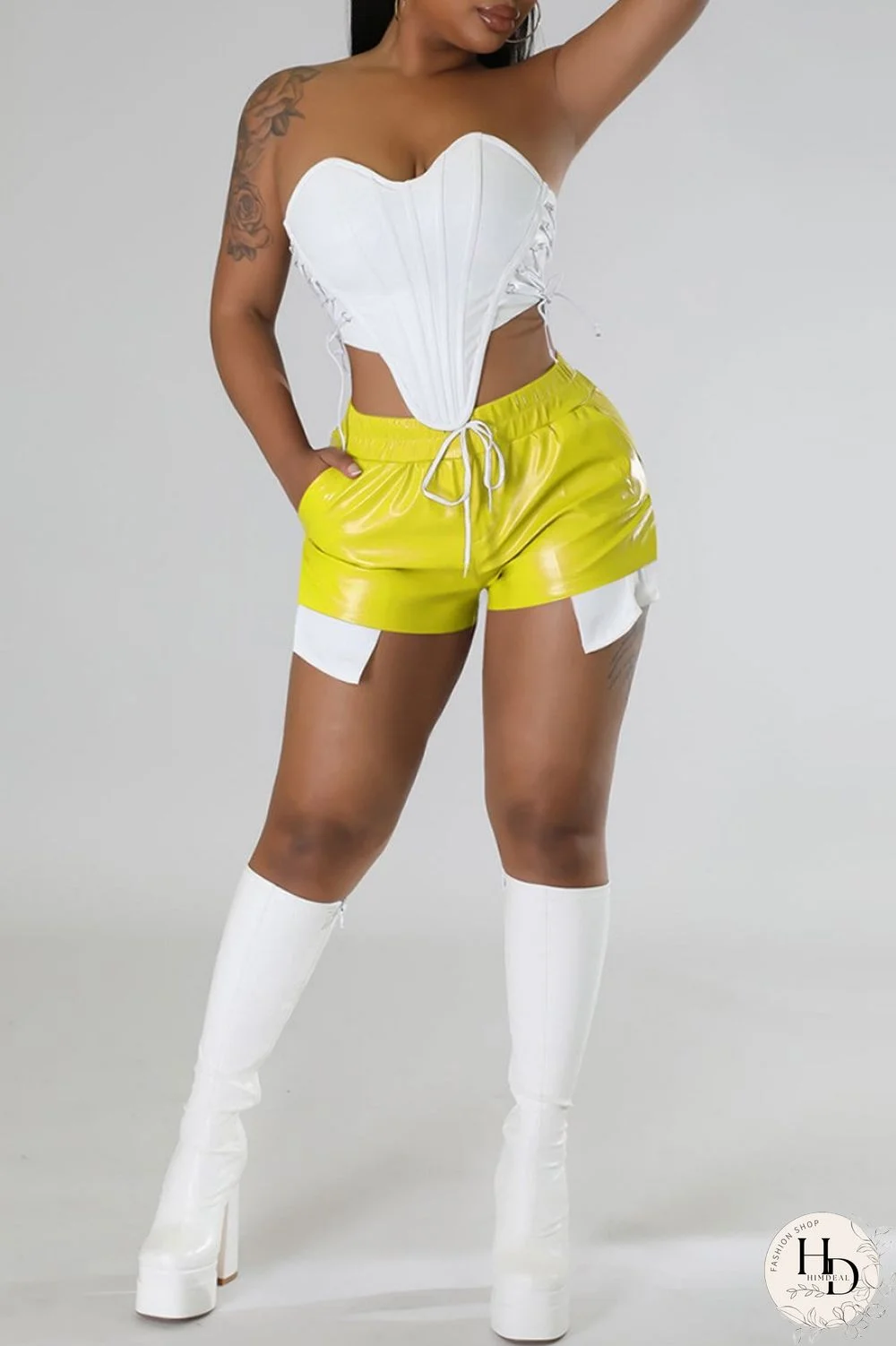 Yellow Sexy Solid Patchwork Regular High Waist Conventional Solid Color Shorts