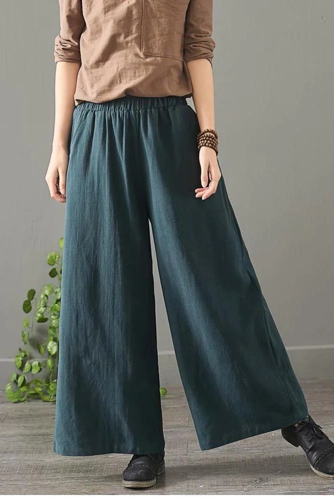 Women Vintage Solid Cotton Linen Wide Leg Pants 1389