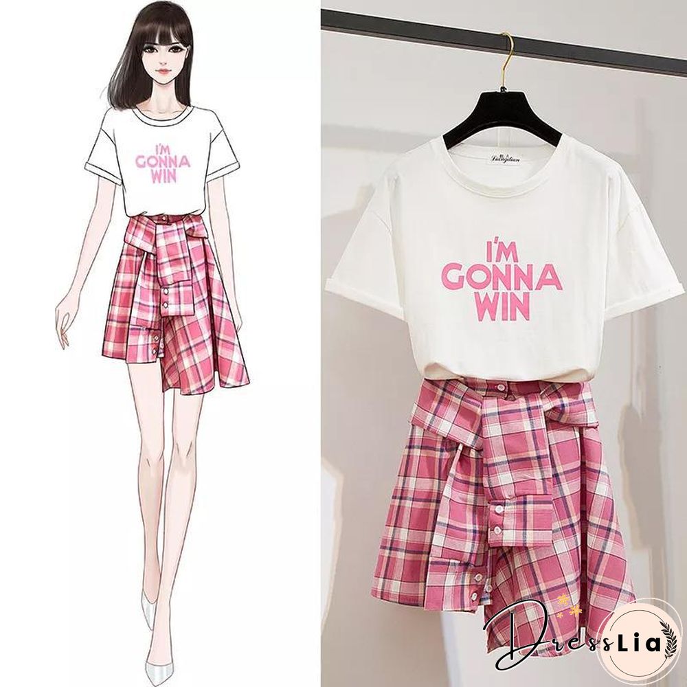 Basic Letter Tee+Plaid Skirt P10123