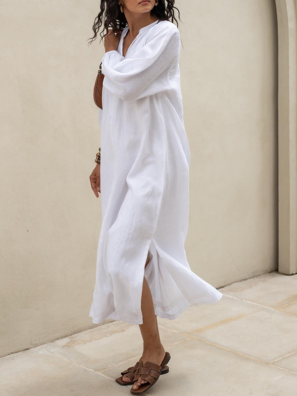 Long Sleeves Loose Pleated Solid Color Split-Joint Split-Side Round-Neck Midi Dresses Shirt Dress