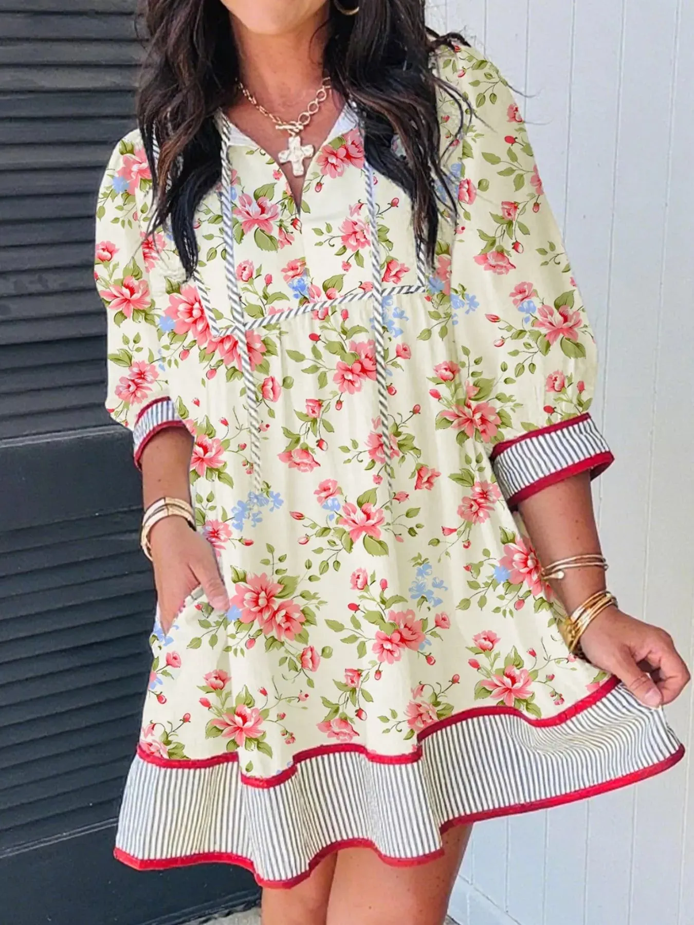 Striped Edge 3/4 Puff Sleeve Floral Dress mysite idetrend