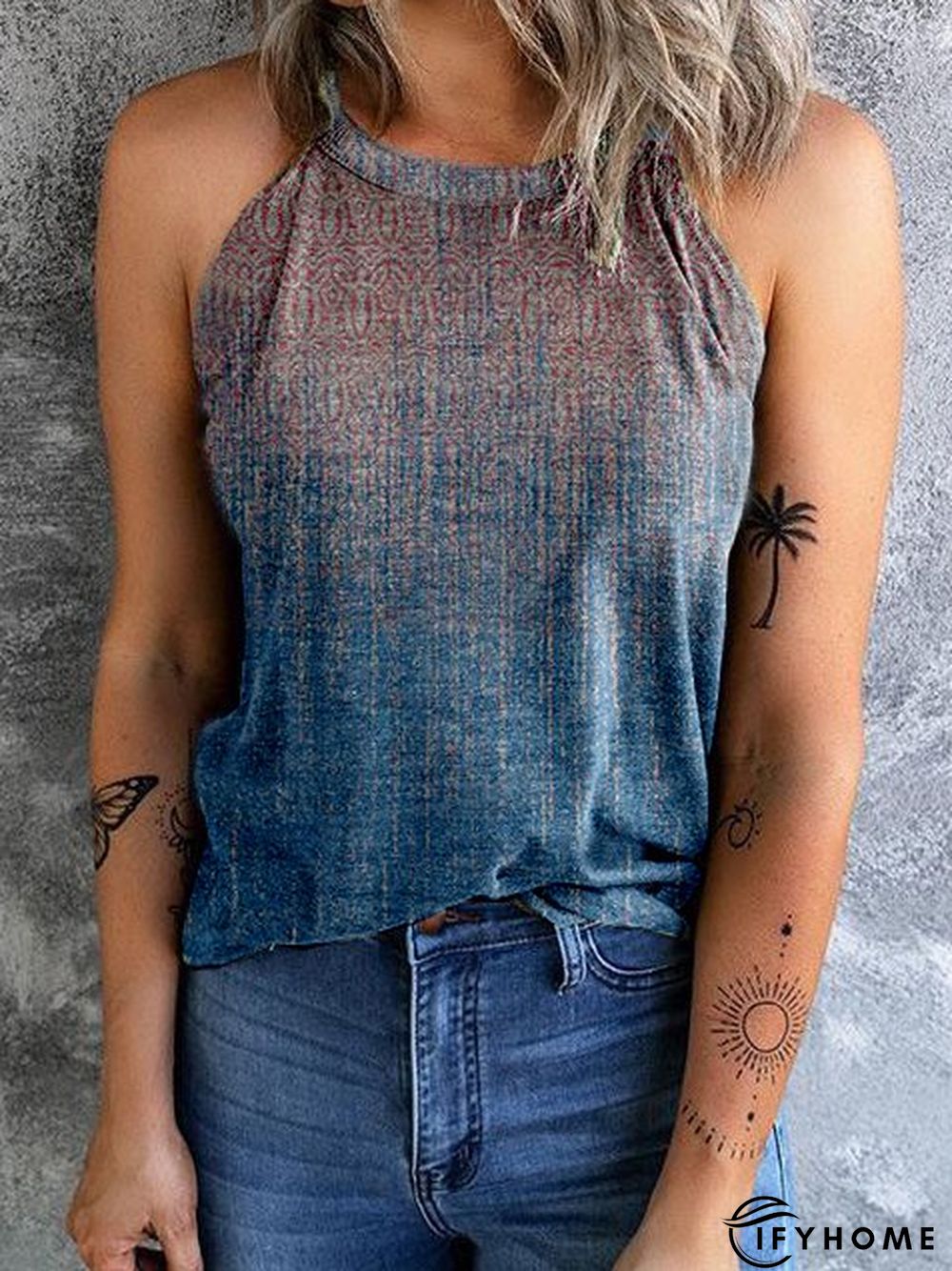 Cotton-Blend Sleeveless Crew Neck Ombre/tie-Dye Tank & Cami | IFYHOME