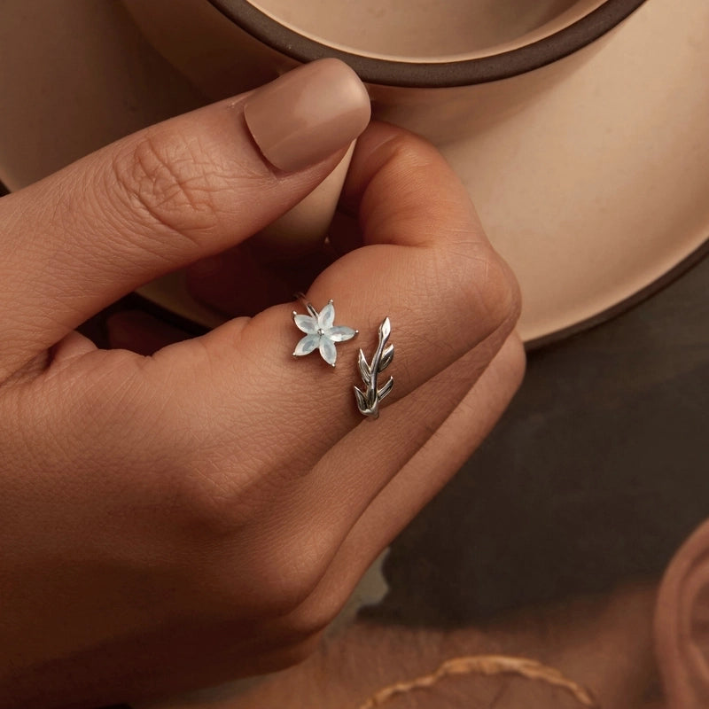 White Gold Plated 925 Sterling Silver Opal Leaf Flower Open Rings