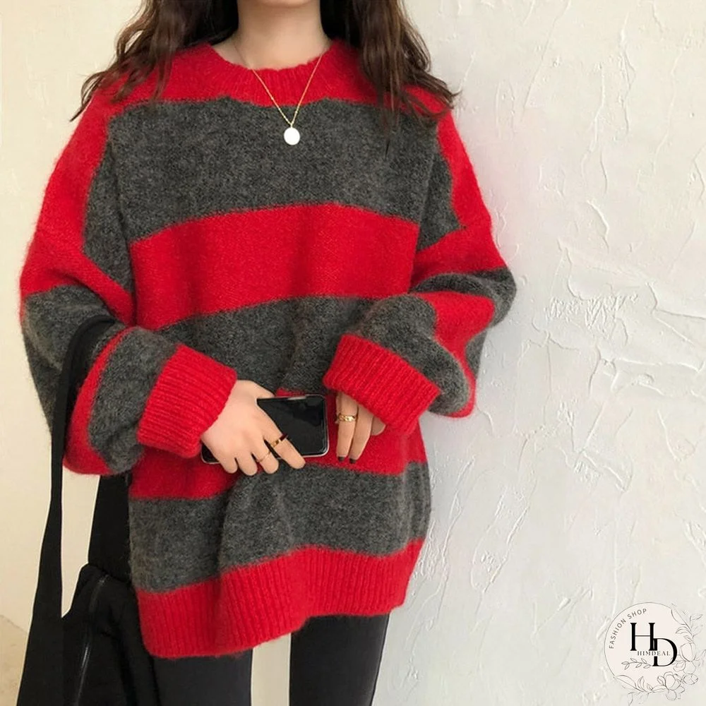 Striped Knitted Pullover Women Vintage Loose Sweater Streetwear Autumn Winter Casual Color-Block Jumper Sweaters Sueter Feminino