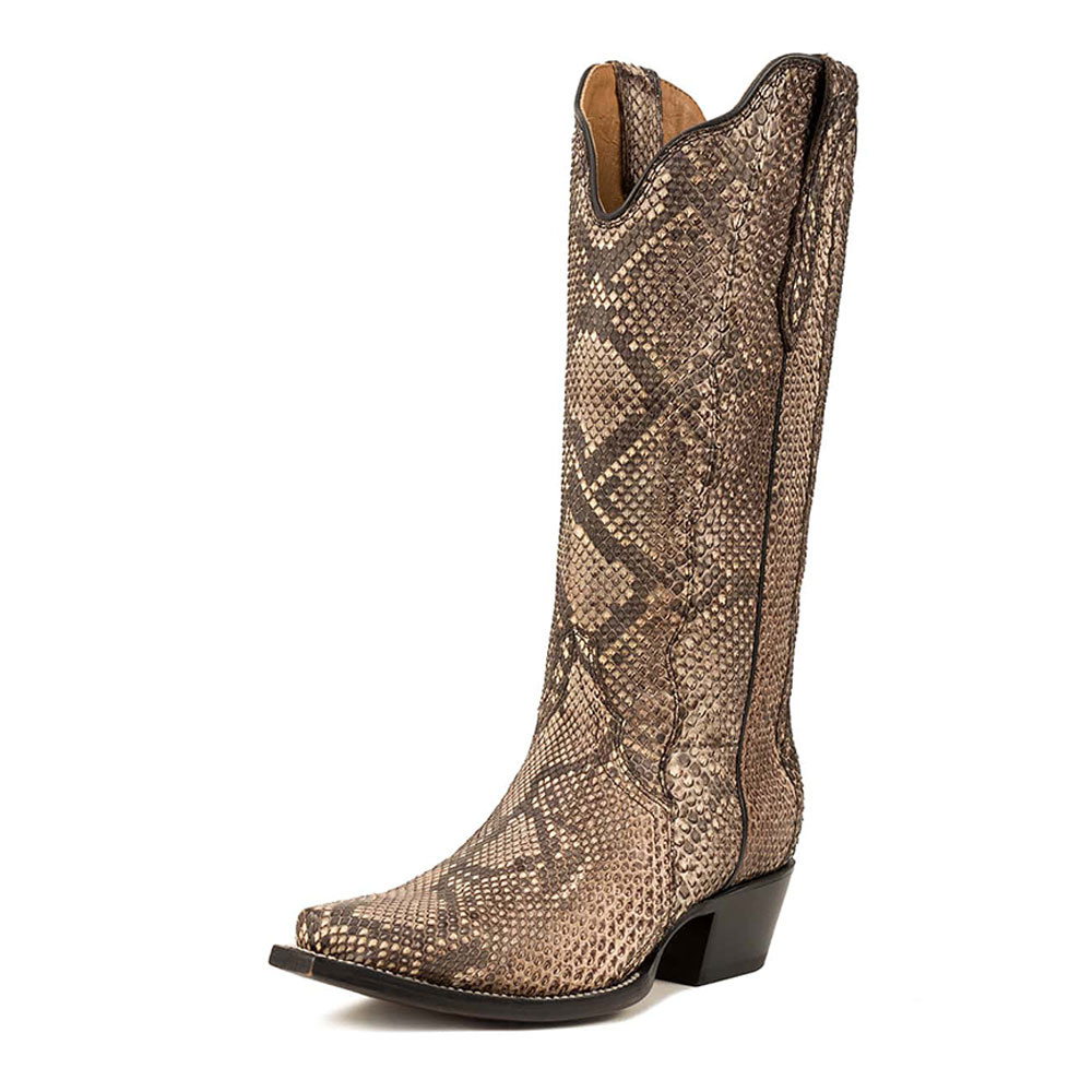 Brown Python Embossed Snip Toe Chunky Heel Mid-Calf Cowgirl Boots Nicepairs