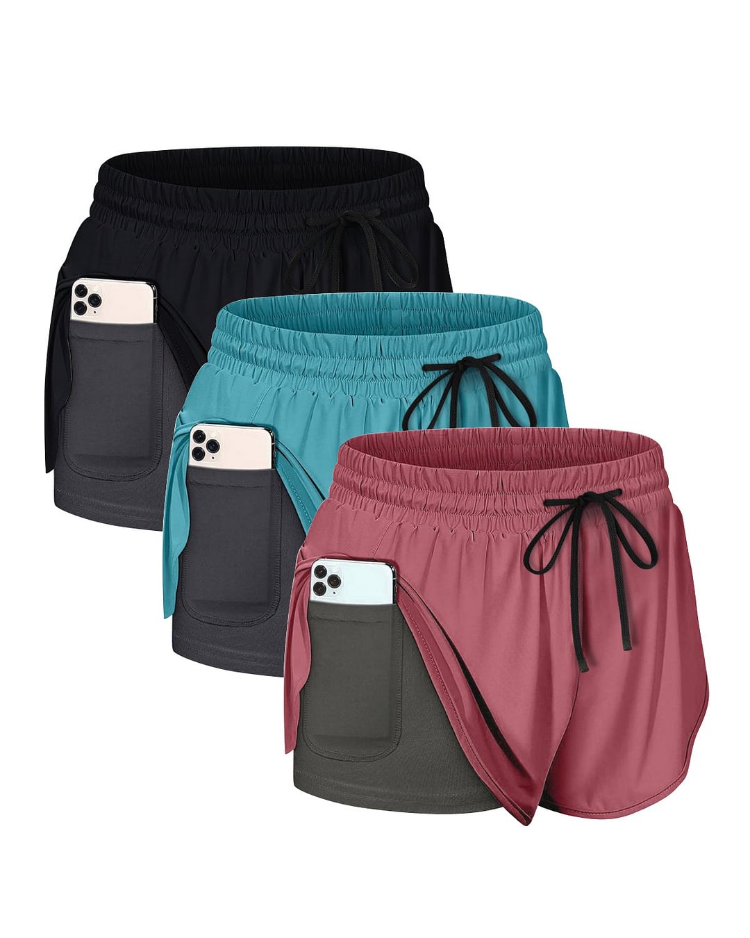 Women's Running Shorts Drawstring Waist with Liner Phone Pockets 3-pack