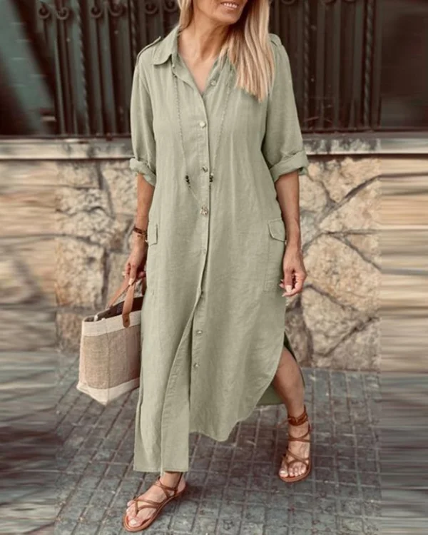 Women's Long Sleeve Solid Casual Long Shirt Dress