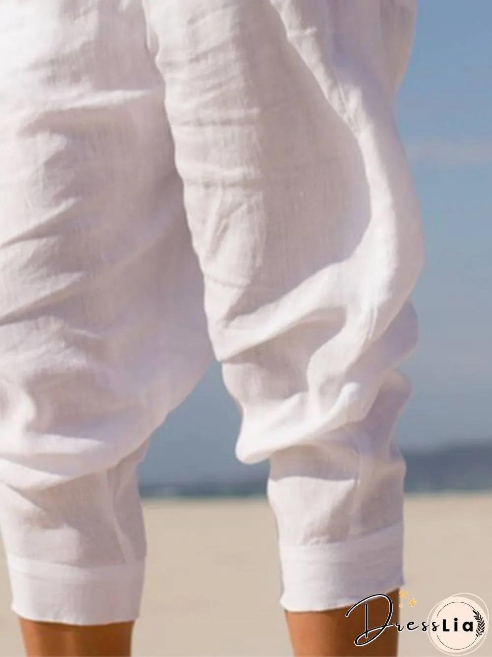 White Plain Cotton-Blend Casual Pants
