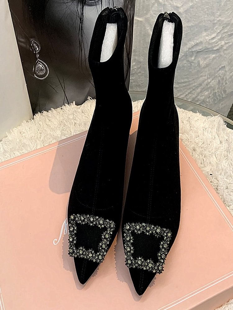 Rhine-drill Pointed High Heels Square Buckle Elastic Boots Large Size Ankle Boots Low Heel-PABIUYOU- Women's Fashion Leader