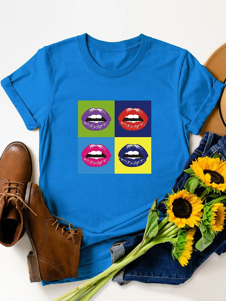 Bestdealfriday Multicolor Lip Print Cotton Crew Neck T-Shirt 9539612