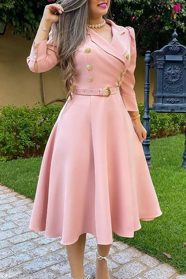 Solid Color Pretty Double Breasted Midi Dress