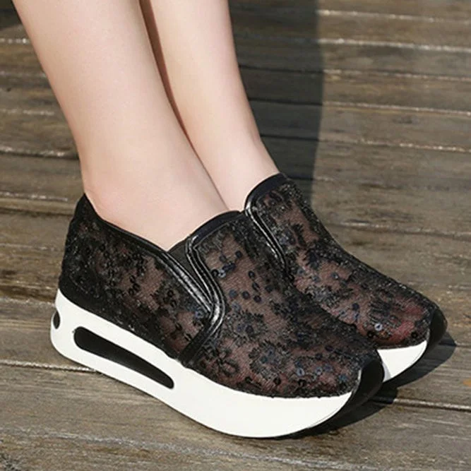 Women plus size clothing Women Breathable Floral Embroidery Slip-on Muffin Sneakers Shoes-Nordswear