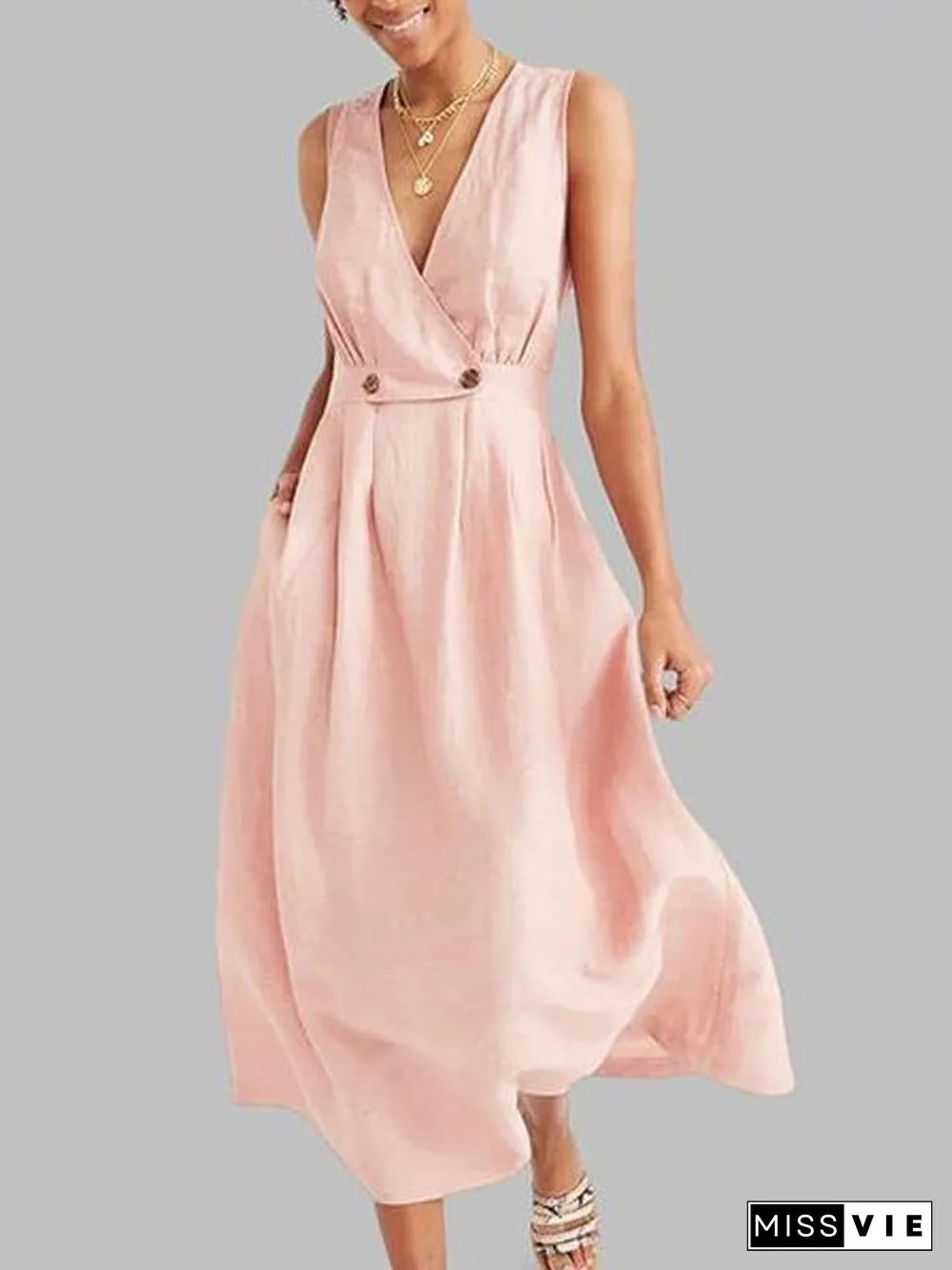Sexy Elegant V Neck Solid Color Sleeveless Dress