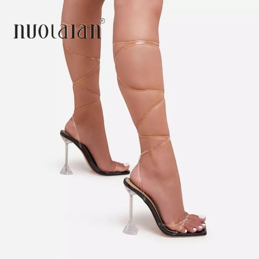 NEW Summer Sexy PVC Cross-Tied Women Sandals Peep Toe Transparent High Heels Fashion Ladies Gladiator Party Shoes