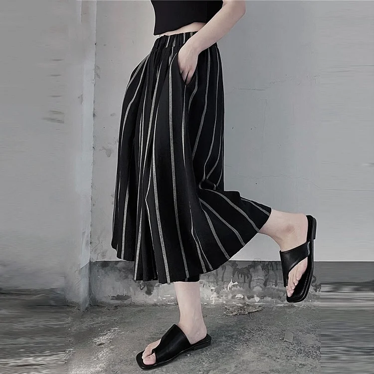 Casual Black Striped Pleated Lace-up Wide Leg Pants 