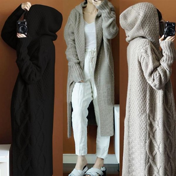 Women's Fashion Long Sleeve Long Hooded Cardigans Sweater Oversized Loose Knitted Sweaters Cardigan Outwear Coat - Shop Trendy Women's Fashion | TeeYours