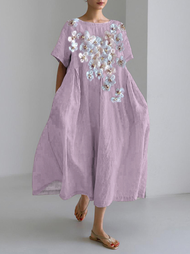 Romantic Flowers Women's Linen Blend Long Dress artswardrobe