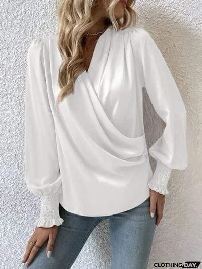 Surplice Smocked Lantern Sleeve Blouse