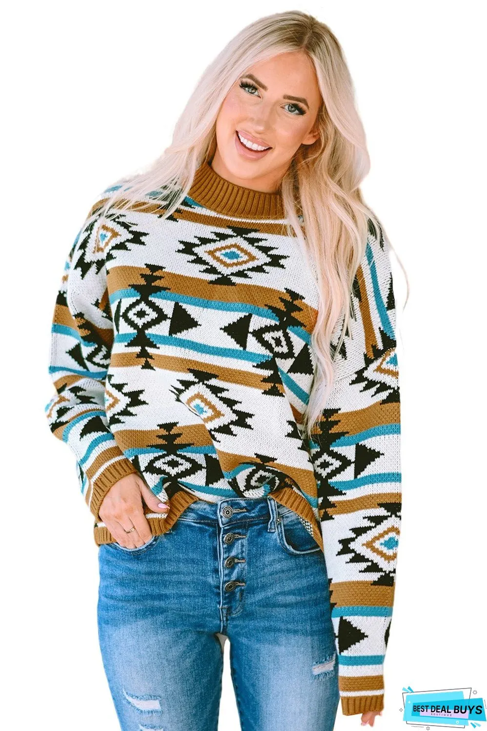 Aztec Striped Knit Ribbed Trim Sweater