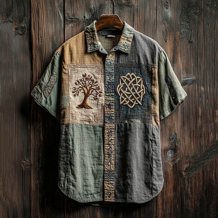 Men's Celtic Knot Tree Of Life Patchwork Contrast Shirt