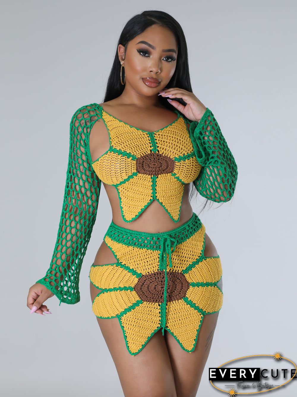 Hand-crochet Sunflowers Beachwear Cover Up 2 Piece Sets