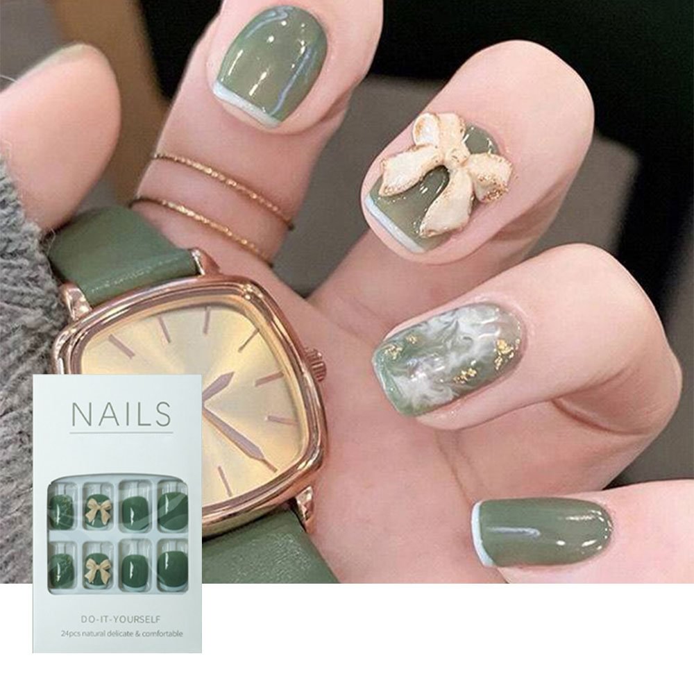 Shecustoms™ 24 Pcs Green French Bowknot with Golden Quicksand Press On Nails Squoval Long Fake Nails