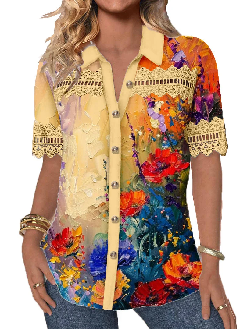 Women's Short Sleeve V-neck Lace Stitching Graphic Hollow Buttons Top