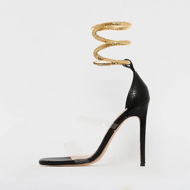 Black Snakeskin transparent Sandals Open Toe Stiletto Heel Sandals |FSJ Shoes