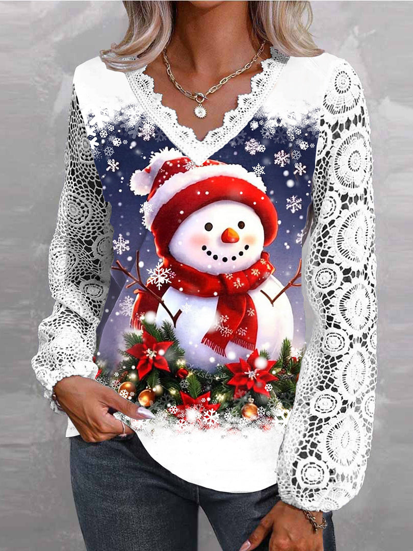 Women Long Sleeve V-neck Snowman Printed Graphic Lace Christmas Tops