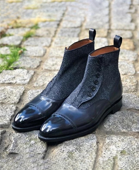 Herringbone Patchwork Buttons Pointed Toe PU Leather Ankle Boots