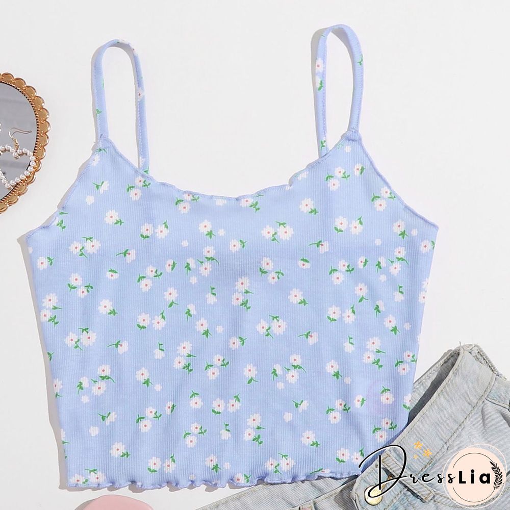 Ribbed Knit Flower Prints Cropped Cami Tops Lace Trim Tank