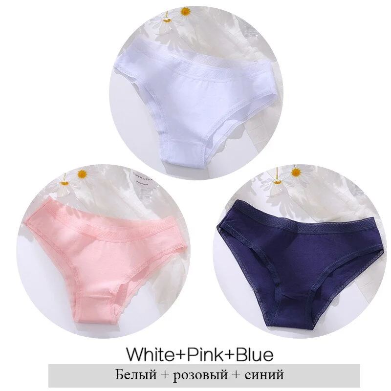 FINETOO Women Cotton Panties Sexy Lace Briefs 3Pcs/set Ladies Low Waist Underpants Comfortable Girls Underwear M-2XL Lingerie