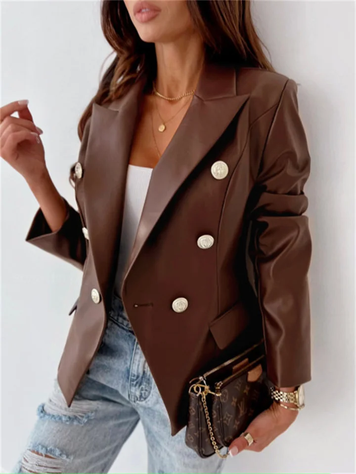 Fall and Winter New Long-sleeved Double-breasted Fashion PU Leather Jacket Suit Small Jacket Women's Suit-Cosfine