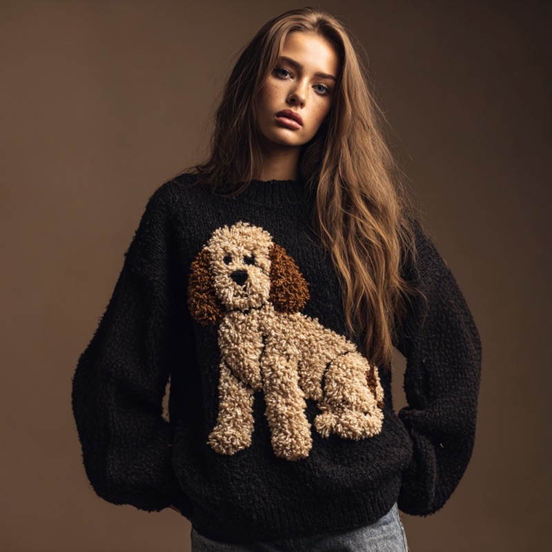 Vintage Fuzzy Dog Crochet Cozy Knit Sweater