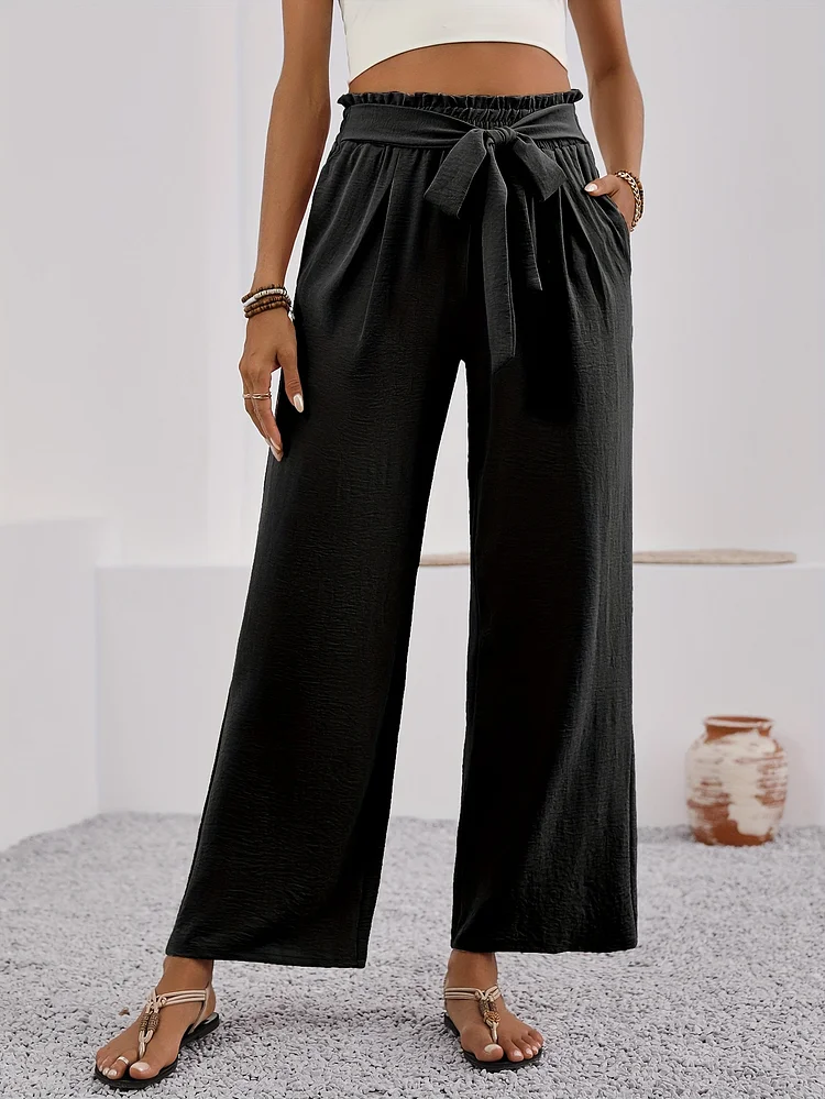 2pcs Women's Lightweight High-Waisted Wide Leg Lounge Pants With Adjustable Elastic Waist & Side Pockets - Loose Fit Casual Trousers For Spring Summer Fall, Black, High Waist Pant