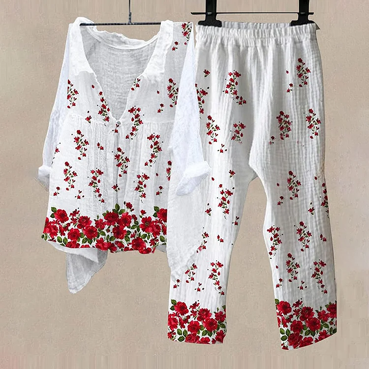 VChics Retro Cotton Linen Casual V-Neck Shirts And Trousers Set