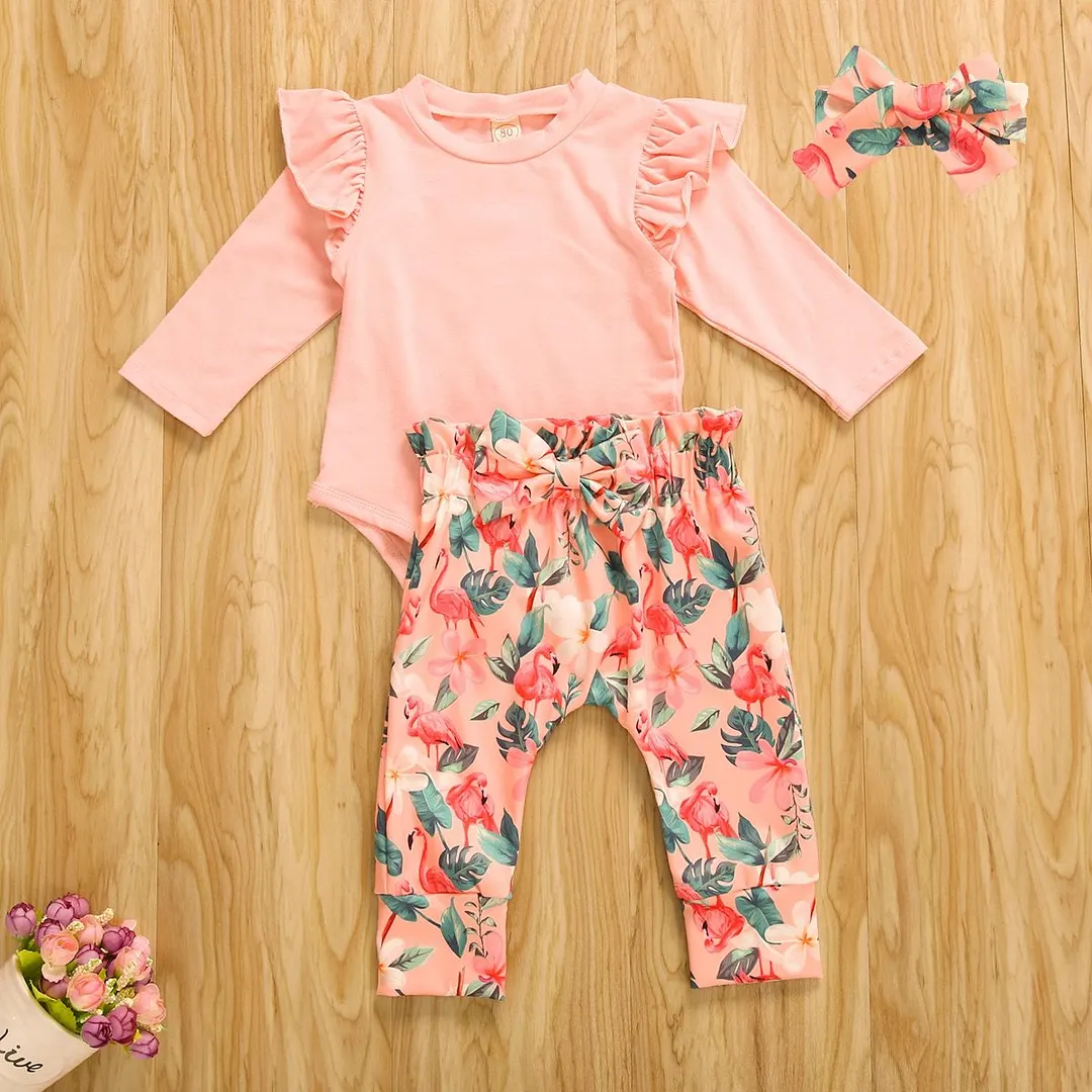 Infant Baby Girl 3Pcs Outfit Plain Ruffled Long Sleeve Romper Flamingo Print Legging Pant Casual Spring Autumn Clothing Set