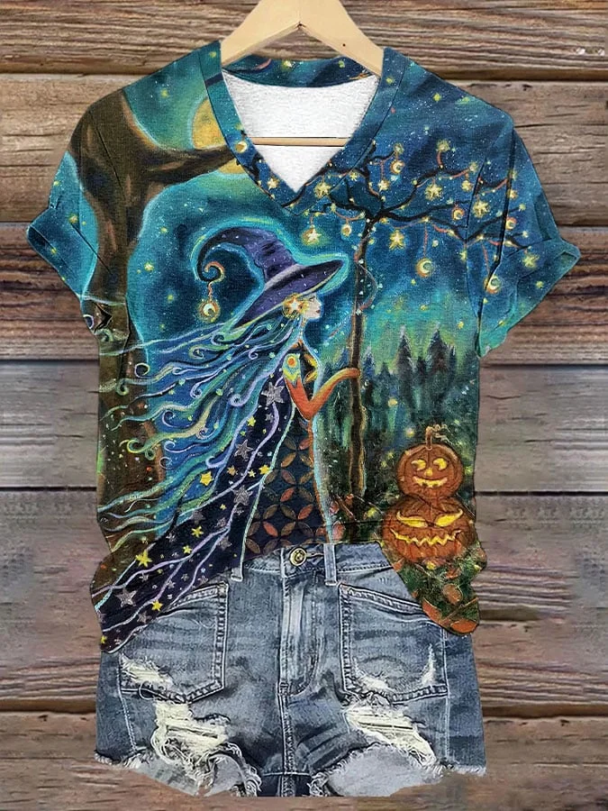 Women's Halloween Witch Print V Neck T-Shirt