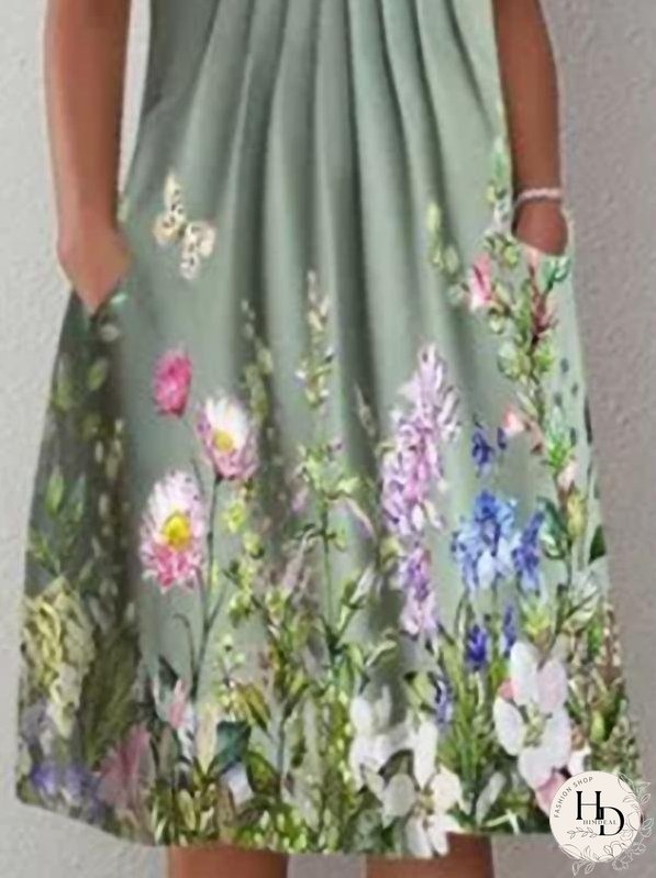 Casual Floral Round Neck Mid-length Straight Dress for Women