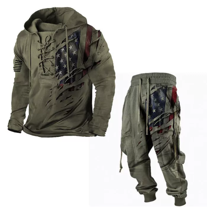 Men's Hooded Lace Up American Flag Graphic Print Sweatshirt Elastic Pants Two Piece Set