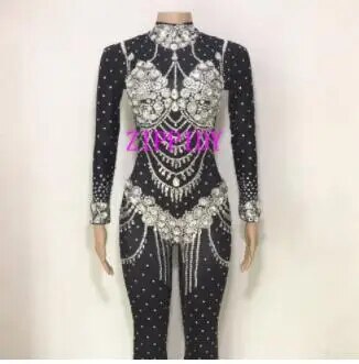 VCSHOES Sparkly Crystals Jumpsuit Costume Bling Big Stones Rompers Women Outfit Diamonds Bodysuit Party Celebrate Occasion Wear