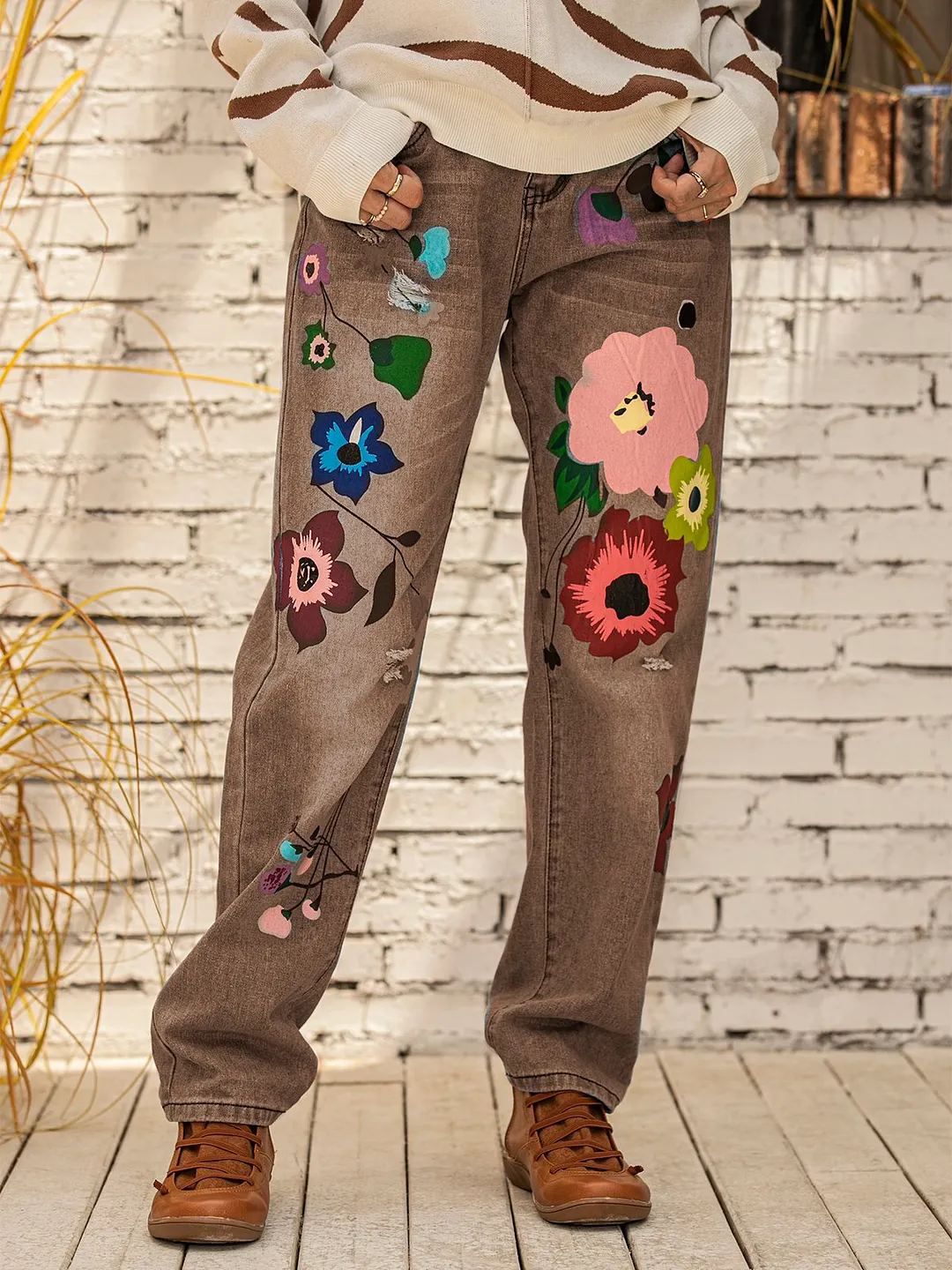All Season Denim Floral Casual Jeans