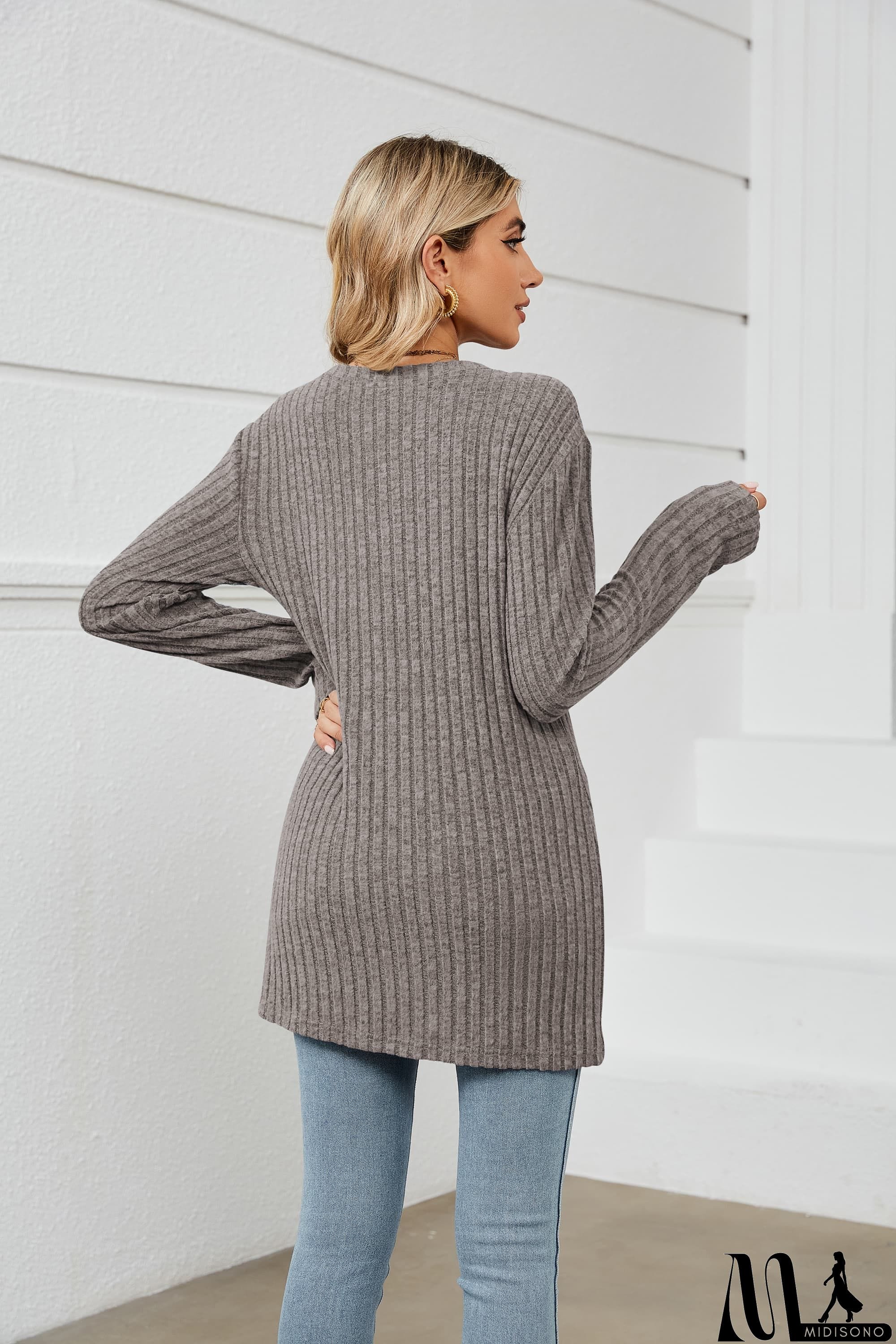 MidiSono - Notched Neck Ribbed Long Sleeve T-Shirt