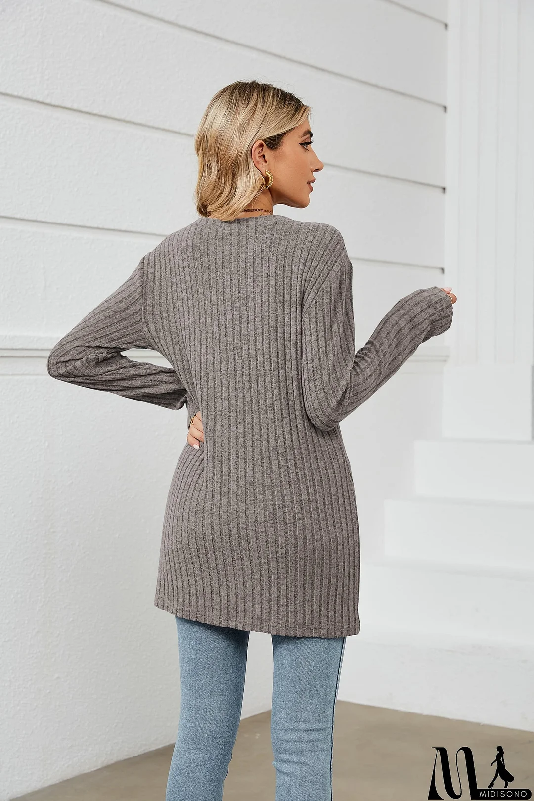 MidiSono - Notched Neck Ribbed Long Sleeve T-Shirt